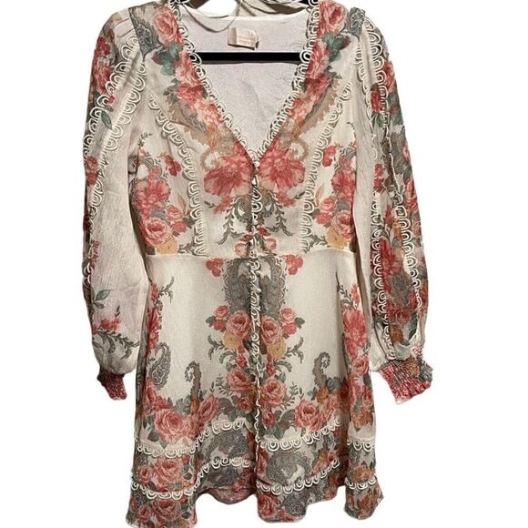Anthropologie-{Champagne & Strawberry}- Shimmer Rose Button Down Lace Trim Dress - Picture 9 of 9